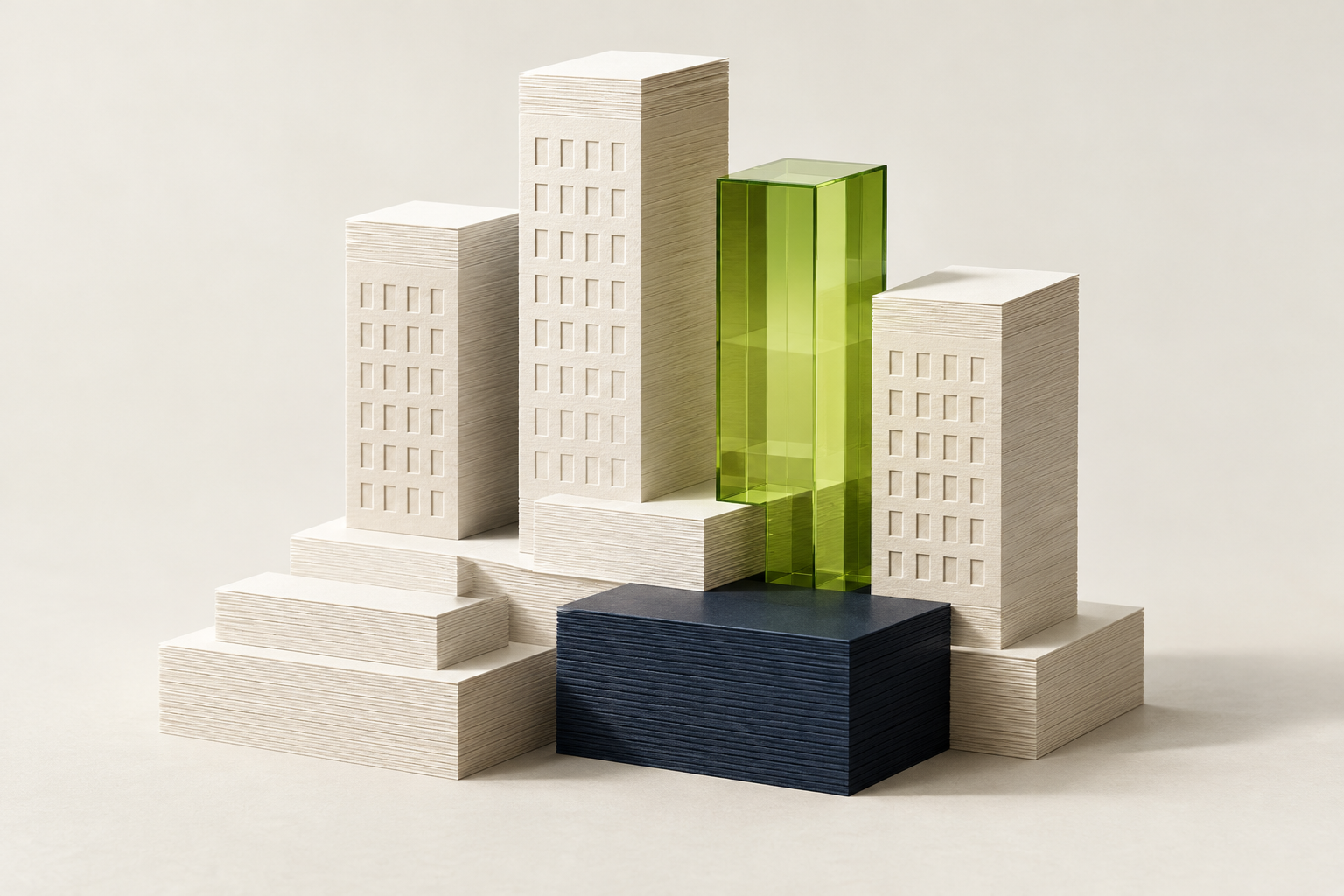 An architectural landscape crafted from stacked paper and translucent green glass
